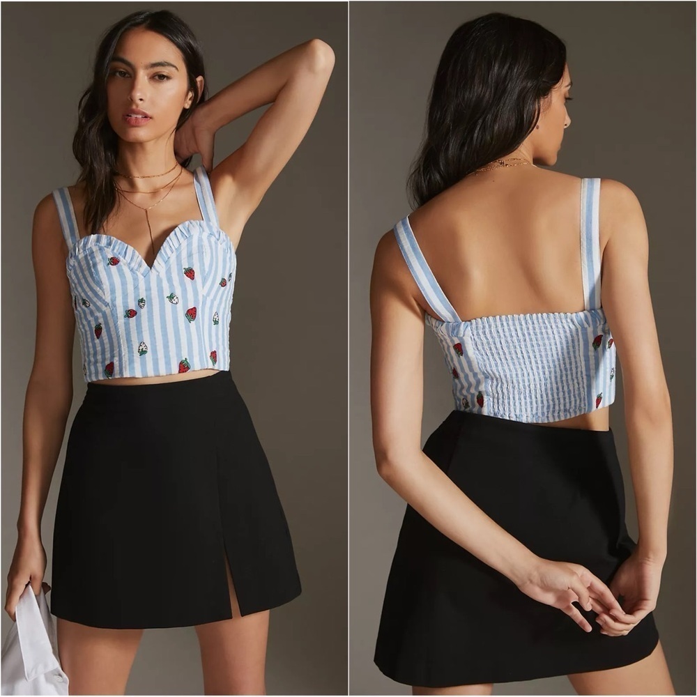 Anthropologie Maeve Top Striped Embroidered Cami Cropped Strawberries Sz 2P